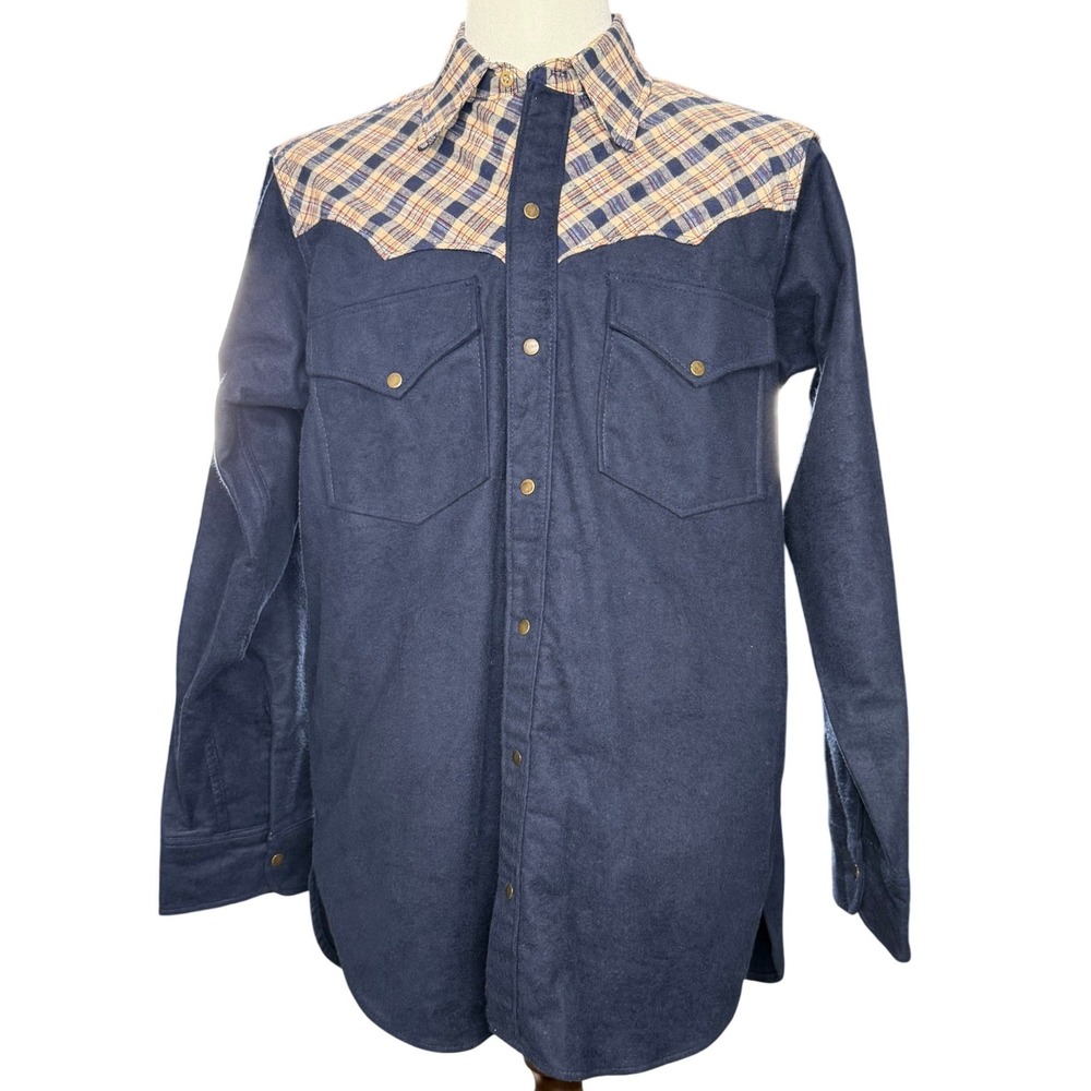 Woolrich Western Shirt Mens Large Blue Excellent Plaid Yoke Snap Front Chamois